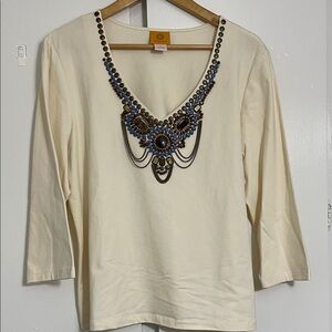 Ruby Rd. Cream Top with Blue and Brown Embellishments Beaded XL